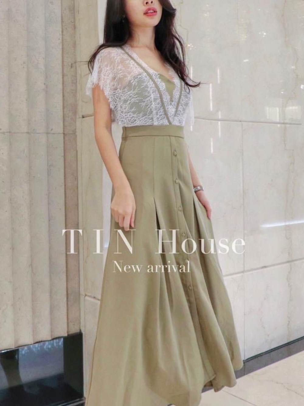 Sage Green Maxi Dress with Delicate White Lace Overlay - Picture 2 of 6